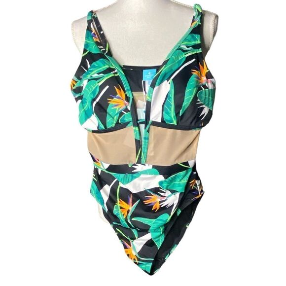 Coastal Blue Women's Sz Med Black Jungle Print Green Mesh One Piece Swimsuit - Picture 1 of 8